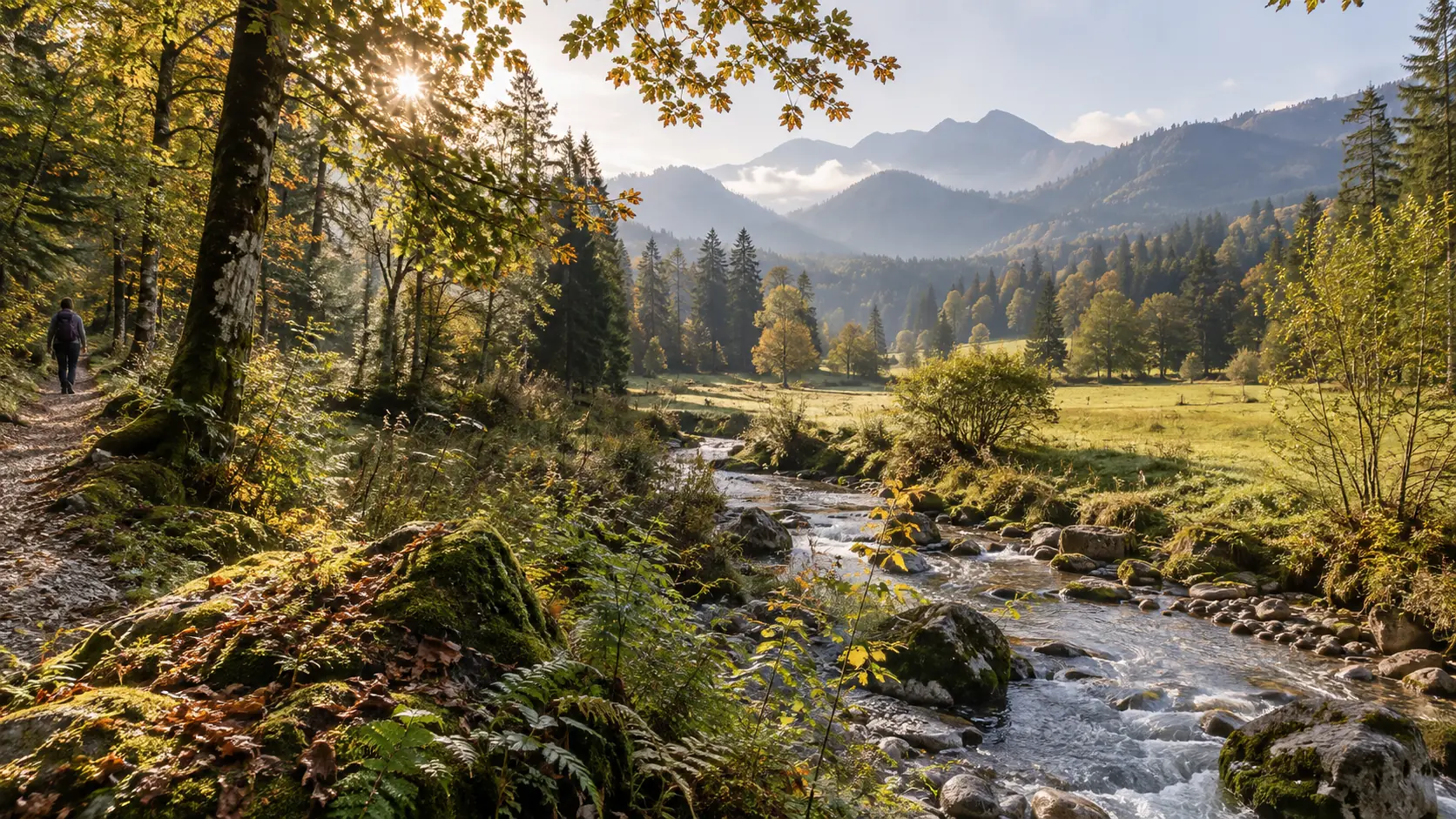 Bildillustration einer Landschaft mit Wasser, Wald und Bergwiese
