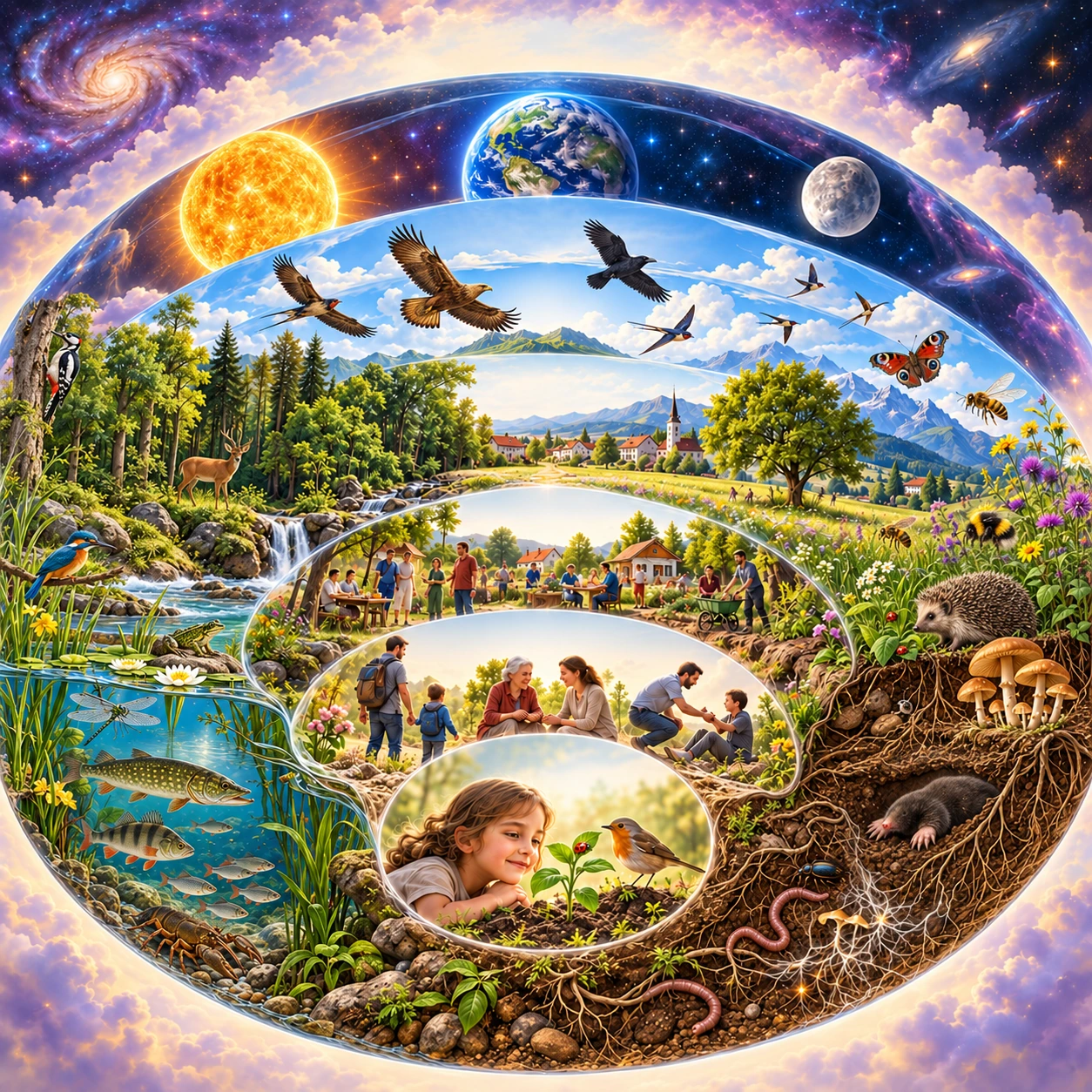 Künstlerische Übersicht verwobener Zusammenhänge: kosmischer Rahmen, Erde, Luft, Wasser und Boden, Gesellschaft, Familien und einzelne Lebewesen.