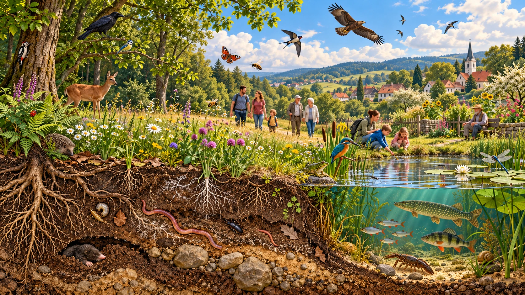 Generierte Landschaft mit Vögeln und Insekten im Luftraum, Fischen im Wasserraum sowie Wurzeln, Pilzen und Bodentieren im Bodenschnitt; Menschen sind Teil der Landschaft.